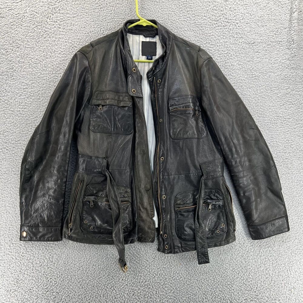GAP Genuine Leather Jacket Men's Medium‎ Solid Black Belted Motorcycle - READ